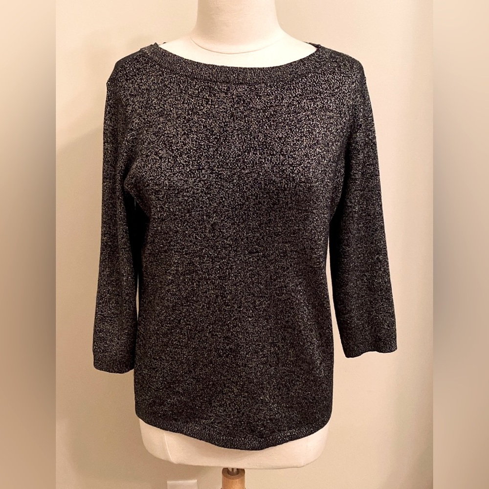 Liz Claiborne Black Gold Metallic Thread SZ LP Glam Classic Contemporary Sweater